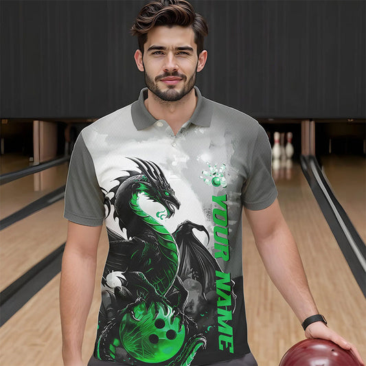 Black And Green Custom Dragon Bowling Polo Shirts For Men, Dragon Bowling Team Shirts IPHW8821