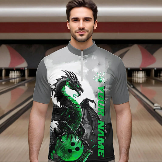 Black And Green Custom Dragon Bowling Quarter-Zip Shirts For Men, Dragon Bowling Team Shirts IPHW8821