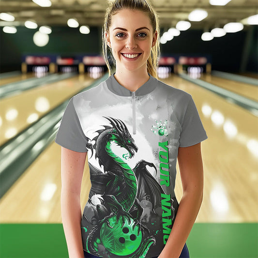 Black And Green Custom Dragon Bowling Womens Quarter-Zip Shirts, Dragon Bowling Team Shirts IPHW8821