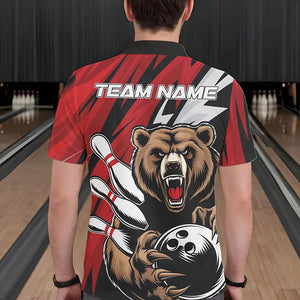 Personalized Bear Bowling Polo Shirts For Men, Bear Bowling Team Red Bowling League Shirt IPHW8827