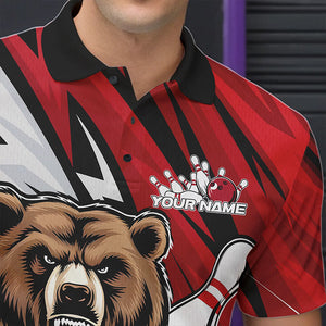 Personalized Bear Bowling Polo Shirts For Men, Bear Bowling Team Red Bowling League Shirt IPHW8827