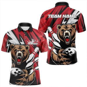 Personalized Bear Bowling Polo Shirts For Men, Bear Bowling Team Red Bowling League Shirt IPHW8827