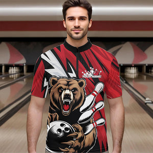 Personalized Bear Bowling Quarter-Zip Shirts For Men, Bear Bowling Team Red Bowling League Shirt IPHW8827