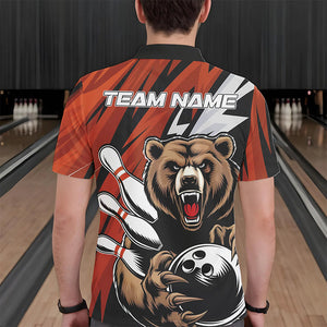 Personalized Bear Bowling Polo Shirts For Men, Bear Bowling Team Orange Bowling League Shirt IPHW8828