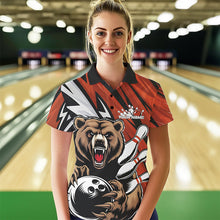 Load image into Gallery viewer, Personalized Bear Bowling Womens Polo Shirts, Bear Bowling Team Orange Bowling League Shirt IPHW8828