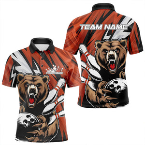 Personalized Bear Bowling Polo Shirts For Men, Bear Bowling Team Orange Bowling League Shirt IPHW8828