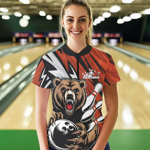 Personalized Bear Bowling Quarter-Zip Shirts For Women, Orange Team Bowling League Shirt IPHW8828