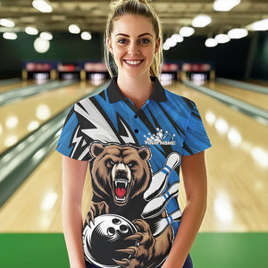 Personalized Bear Bowling Polo Shirt For Women, Bear Bowling Team Blue Bowling League Shirt IPHW8829