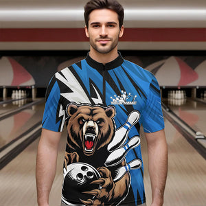 Personalized Bear Bowling Quarter-Zip Shirts For Men, Bear Bowling Team Blue Bowling League Shirt IPHW8829