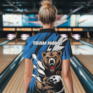 Personalized Bear Bowling Quarter-Zip Shirts For Women, Blue Team Bowling League Shirt IPHW8829