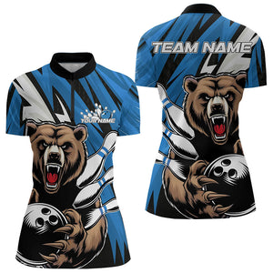 Personalized Bear Bowling Quarter-Zip Shirts For Women, Blue Team Bowling League Shirt IPHW8829