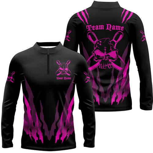 Pink And Black Custom Long Sleeve Bowling Shirts For Men, Skull Bowling Shirt Bowling Uniform IPHW4485
