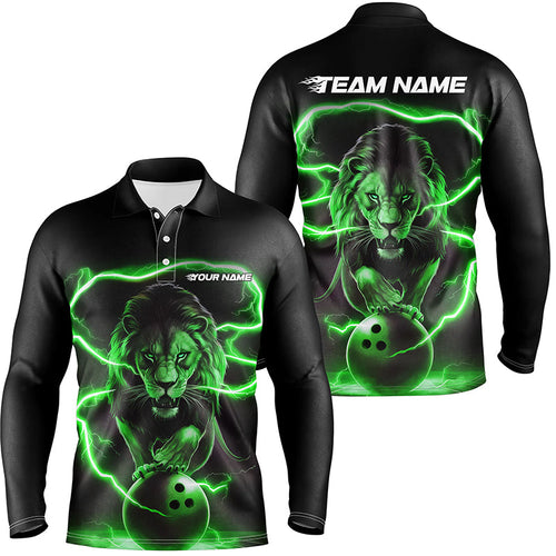 Custom Lion Long Sleeve Bowling Polo Shirts For Men, Bowling Shirts Bowling Uniform | Green IPHW6786