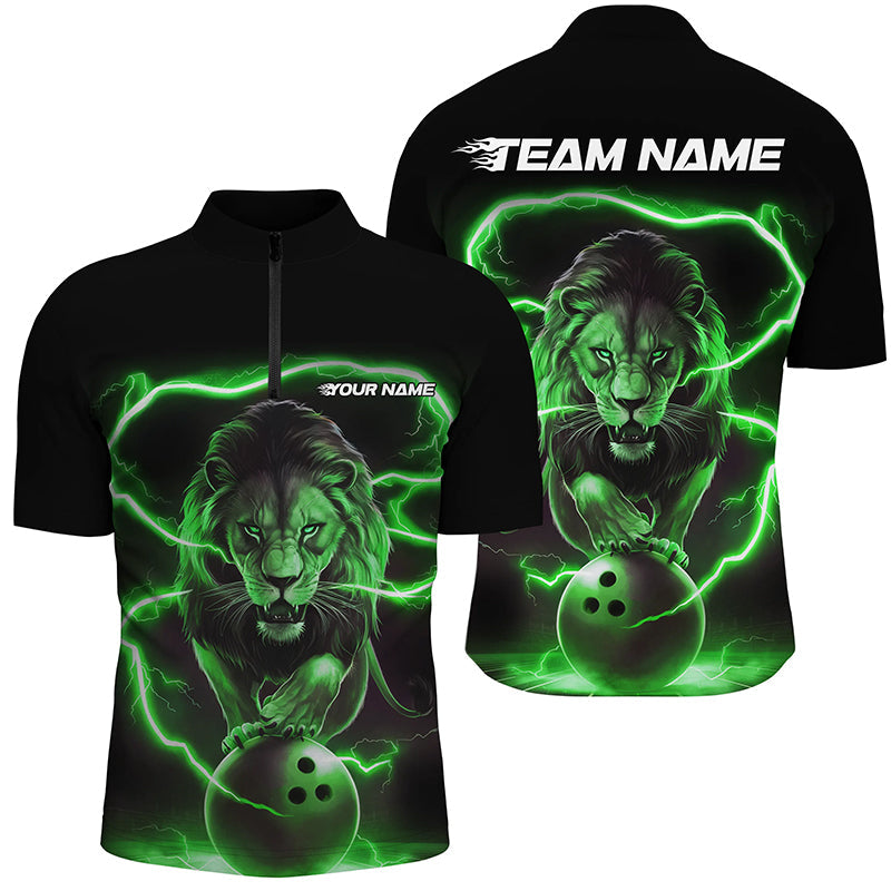 Custom Lion Bowling Quarter Zip Shirts For Men, Personalized Bowling Shirts Bowling Uniform | Green IPHW6786