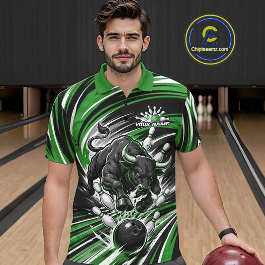 Custom Black And Green Angry Bull Bowling Jerseys, Bowling Team League Men Polo Shirt IPHW11821