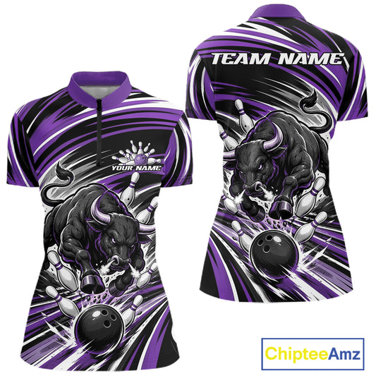 Custom Black And Purple Angry Bull Bowling Jerseys, Bowling Team Women Quarter-Zip Shirt IPHW11822