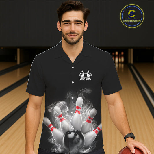 Custom Smoke Bowling Hawaiian Shirts For Men, Bowling Uniform Team Bowling Jerseys IPHW7373