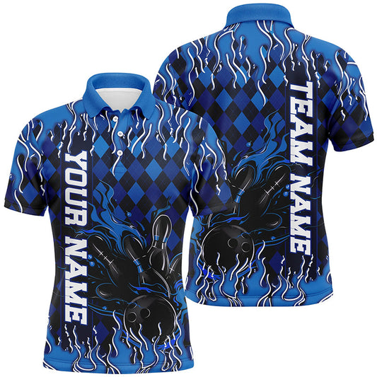 Blue Argyle Pattern Custom Flame Strike Bowling Shirts For Men, Bowling Team Shirt Bowler Outfit IPHW7896