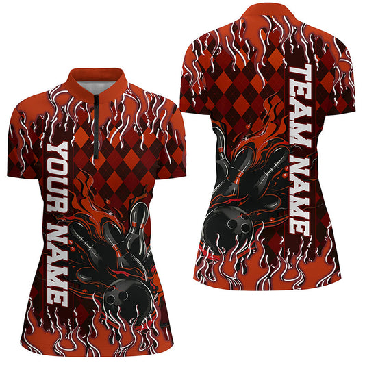 Orange Argyle Pattern Custom Flame Strike Bowling Shirts For Women, Bowling Team3 Outfit IPHW7898