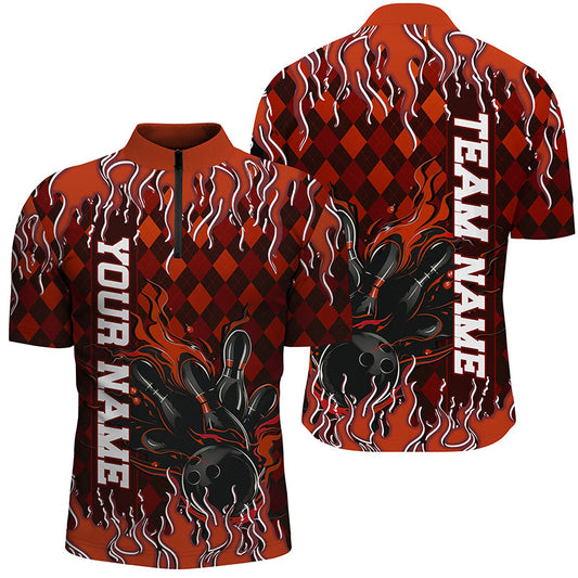 Orange Argyle Pattern Custom Flame Strike Bowling Shirts For Men, Bowling Team Shirt Outfit IPHW7898
