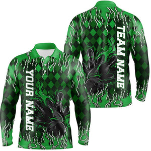 Green Argyle Pattern Custom Flame Strike Bowling Shirts For Men, Bowling Team Shirt Outfit IPHW7899