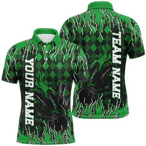 Green Argyle Pattern Custom Flame Strike Bowling Shirts For Men, Bowling Team Shirt Outfit IPHW7899