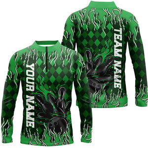 Green Argyle Pattern Custom Flame Strike Bowling Shirts For Men, Bowling Team Shirt Outfit IPHW7899