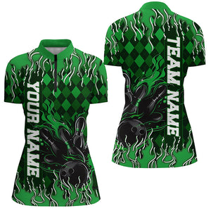 Green Argyle Pattern Custom Flame Strike Bowling Shirts For Women, Bowling Team Outfit IPHW7899