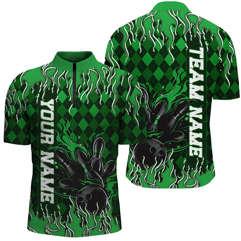 Green Argyle Pattern Custom Flame Strike Bowling Shirts For Men, Bowling Team Shirt Outfit IPHW7899