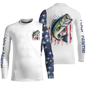 American Flag Largemouth Bass Custom Long Sleeve Fishing Shirts, Us Patriotic Bass Fishing Shirt IPHW7900