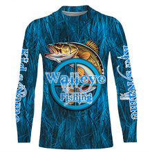 Load image into Gallery viewer, Personalized Walleye Long Sleeve Fishing Shirts, Walleye Tournament Fishing Shirts | Blue Camo IPHW5737