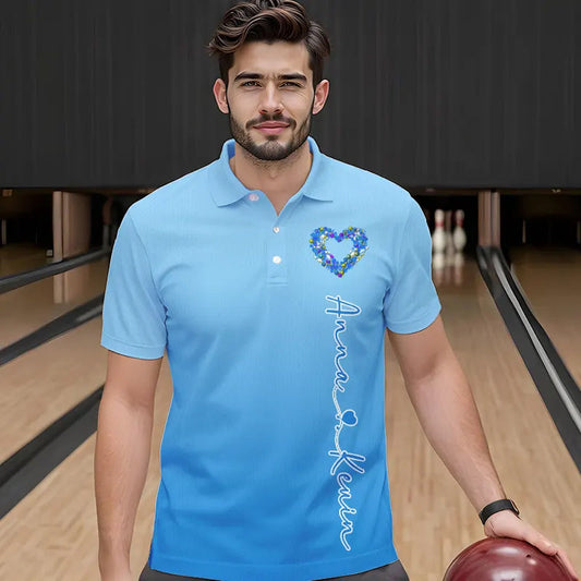 Blue Bowling Heart Custom Valentines Bowling Polo Shirts For Men, Bowling Couple Shirt IPHW8339