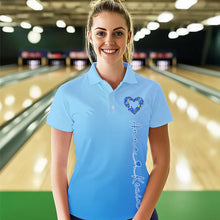 Load image into Gallery viewer, Blue Bowling Heart Custom Valentines Bowling Polo Shirts For Women, Bowling Couple Shirt IPHW8339