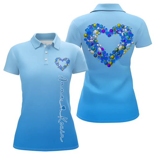 Blue Bowling Heart Custom Valentines Bowling Polo Shirts For Women, Bowling Couple Shirt IPHW8339