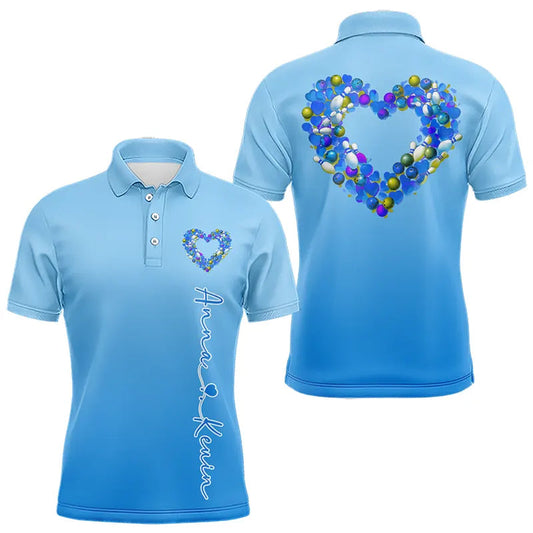 Blue Bowling Heart Custom Valentines Bowling Polo Shirts For Men, Bowling Couple Shirt IPHW8339