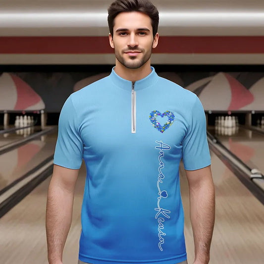 Blue Bowling Heart Custom Valentines Bowling Quarter-Zip Shirts For Men, Bowling Couple Shirt IPHW8339