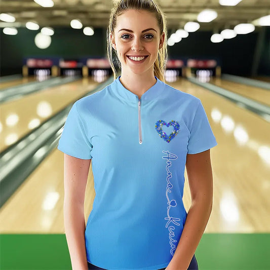 Blue Bowling Heart Custom Valentines Bowling Quarter-Zip Shirts For Women IPHW8339