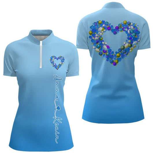 Blue Bowling Heart Custom Valentines Bowling Quarter-Zip Shirts For Women IPHW8339