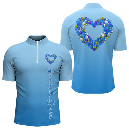 Blue Bowling Heart Custom Valentines Bowling Quarter-Zip Shirts For Men, Bowling Couple Shirt IPHW8339