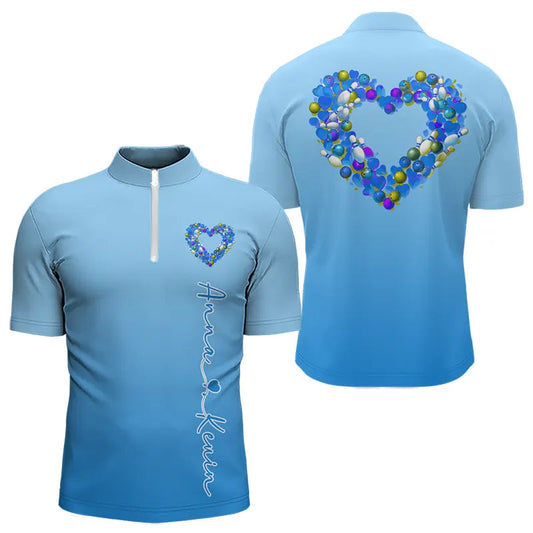 Blue Bowling Heart Custom Valentines Bowling Quarter-Zip Shirts For Men, Bowling Couple Shirt IPHW8339