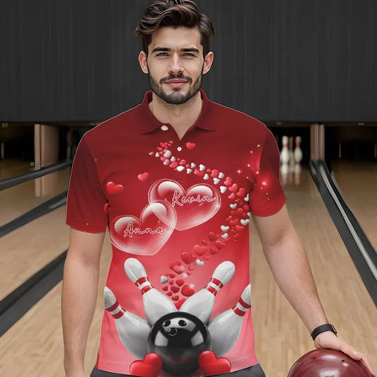 Red Heart Theme Custom Valentines Bowling Polo Shirts For Men, Couple Bowling Shirt IPHW8344
