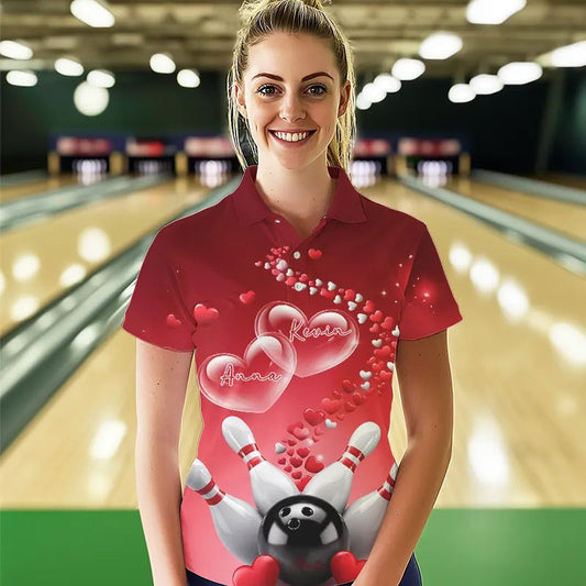 Red Heart Theme Custom Valentines Bowling Polo Shirts For Women, Couple Bowling Shirt IPHW8344