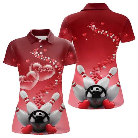 Red Heart Theme Custom Valentines Bowling Polo Shirts For Women, Couple Bowling Shirt IPHW8344
