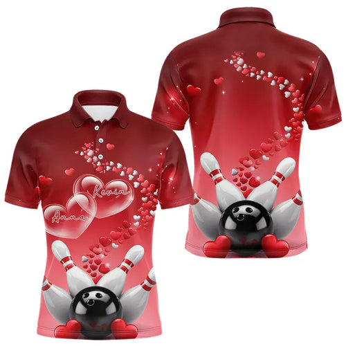 Red Heart Theme Custom Valentines Bowling Polo Shirts For Men, Couple Bowling Shirt IPHW8344