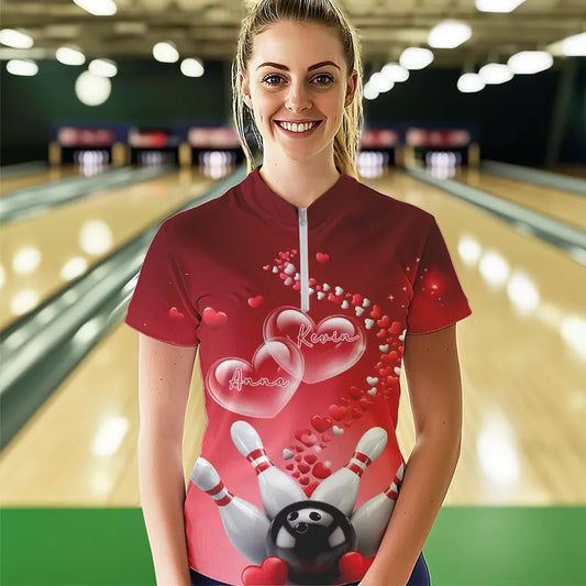 Red Heart Theme Custom Valentines Bowling Quarter-Zip Shirt For Women, Couple Bowling Shirt IPHW8344
