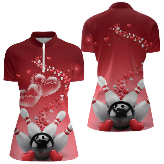 Red Heart Theme Custom Valentines Bowling Quarter-Zip Shirt For Women, Couple Bowling Shirt IPHW8344