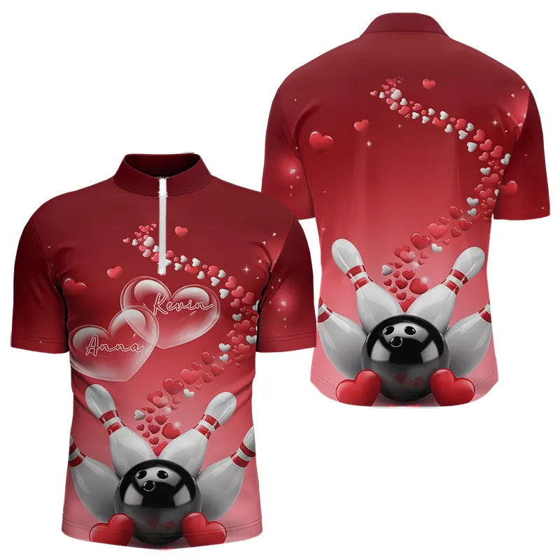 Red Heart Theme Custom Valentines Bowling Quarter-Zip Shirts For Men, Couple Bowling Shirt IPHW8344