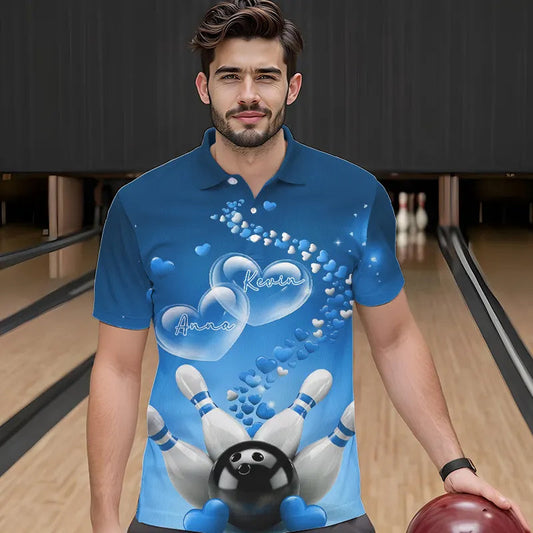 Blue Heart Theme Custom Valentines Bowling Polo Shirts For Men, Couple Bowling Shirt IPHW8345