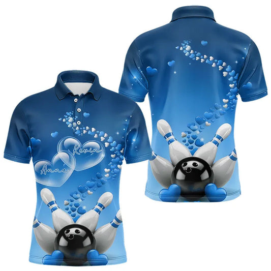 Blue Heart Theme Custom Valentines Bowling Polo Shirts For Men, Couple Bowling Shirt IPHW8345