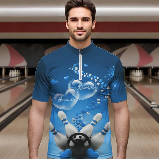 Blue Heart Theme Custom Valentines Bowling Quarter-Zip Shirts For Men, Couple Bowling Shirt IPHW8345